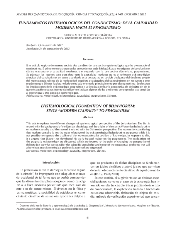 First page of “Fundamentos epistemológicos del conductismo: de la causalidad moderna hacia el pragmatismo”