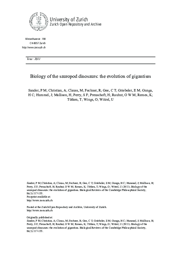 First page of “Biology of the sauropod dinosaurs: the evolution of gigantism”