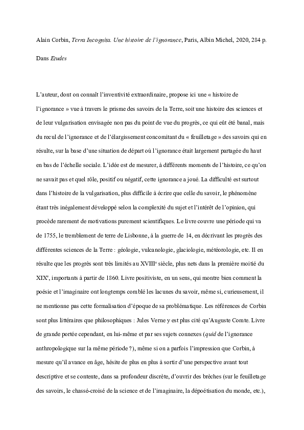 First page of “Alain Corbin, "Terra incognita", Albin Michel, 2021”