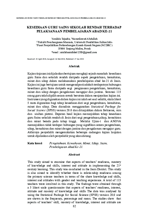 First page of “Kesediaan Guru Sains Sekolah Rendah terhadap pelaksanaan pembelajaran abad ke-21”