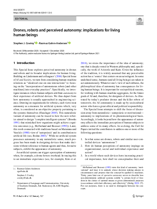 First page of “Drones, robots and perceived autonomy: implications for living human beings”