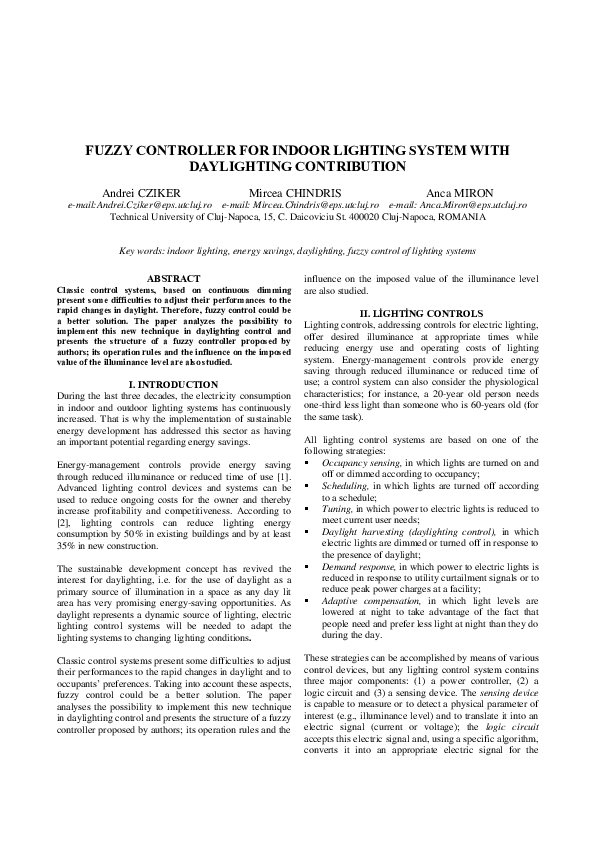 First page of “Fuzzy Controller for Indoor Lighting System with Daylighting Contribution”