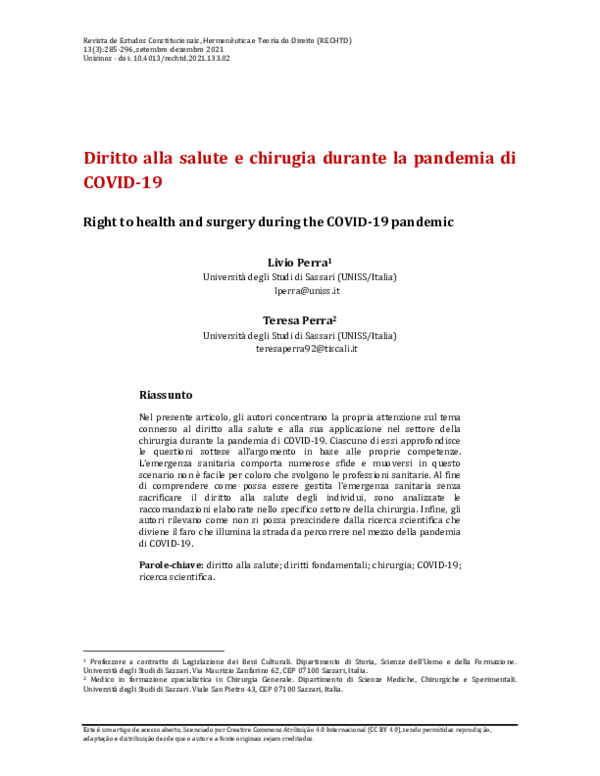 First page of “Diritto alla salute e chirugia durante la pandemia di COVID-19”