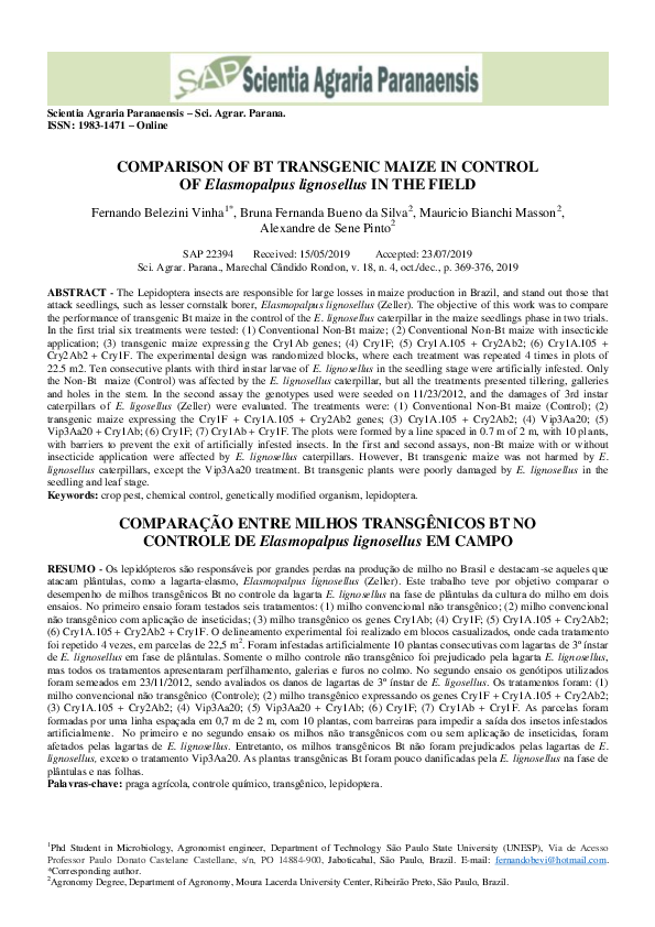 First page of “Potential of transgenic Bt-maize for management of Elasmopalpus lignosellus”