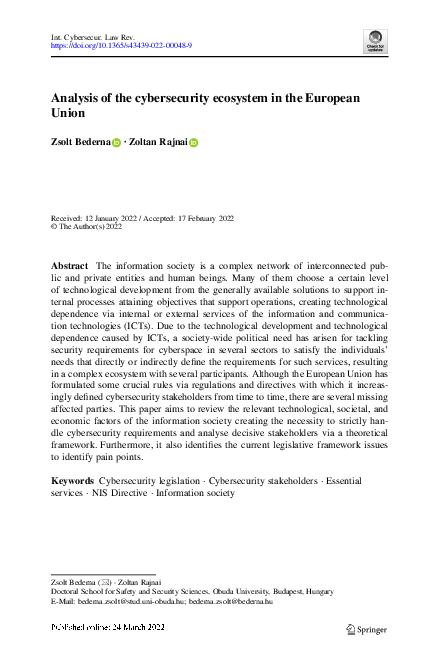 First page of “Analysis of the cybersecurity ecosystem in the European Union”