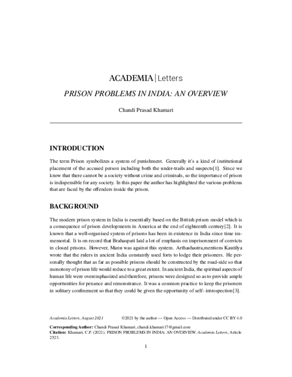 First page of “PRISON PROBLEMS IN INDIA: AN OVERVIEW”