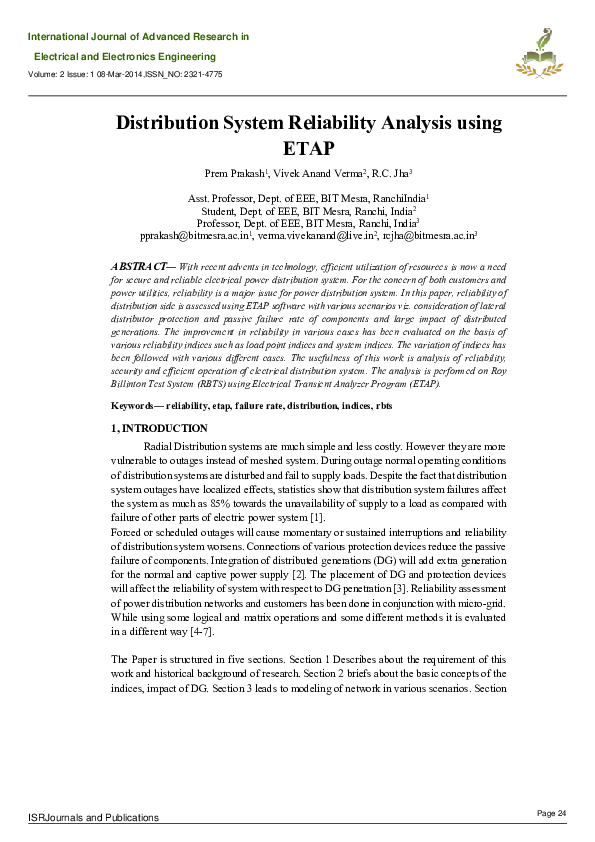 First page of “Distribution System Reliability Analysis using ETAP”