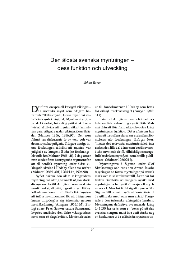 First page of “Den äldsta svenska myntningen-dess funktion och utveckling”