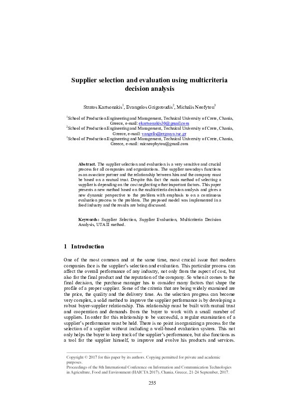 First page of “Supplier Selection and Evaluation Using Multicriteria Decision Analysis”