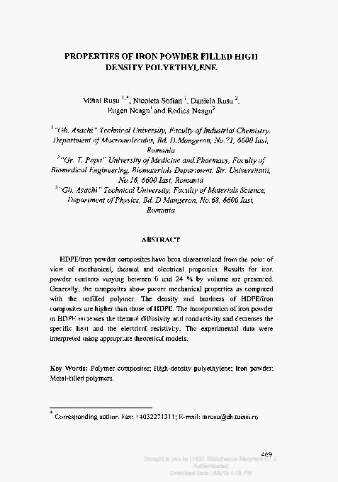 First page of “Properties of Iron Powder Filled High Density Polyethylene”