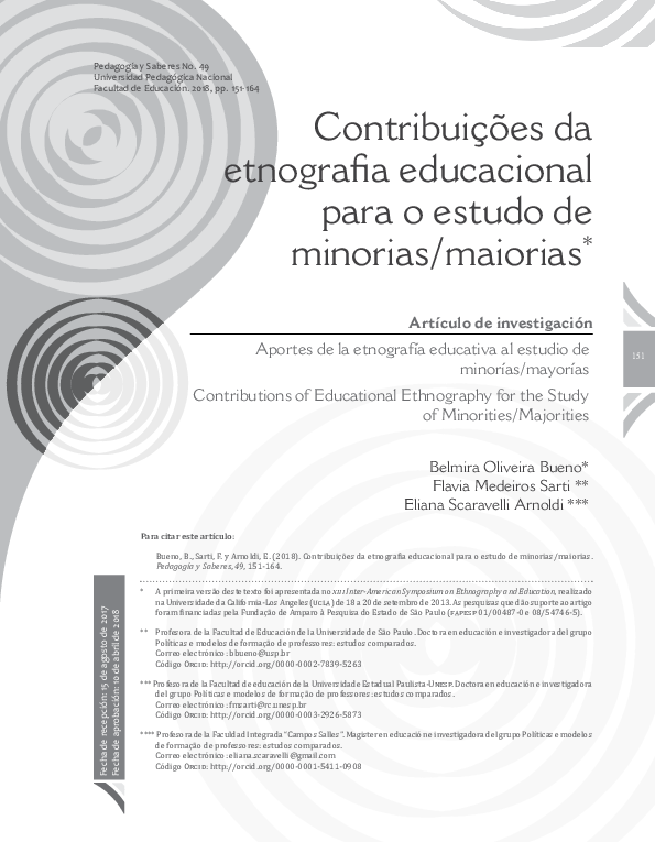 First page of “Contribuições da etnografia educacional para o estudo de minorias/ maiorias”