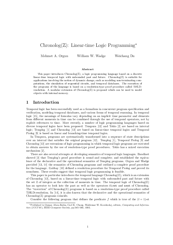 First page of “Chronolog (Z): Linear-time logic programming”