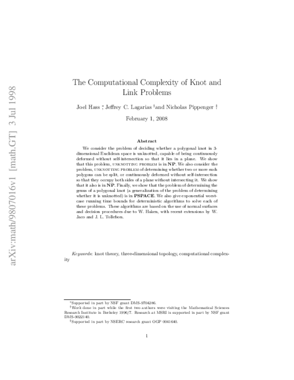 First page of “The computational complexity of knot and link problems”