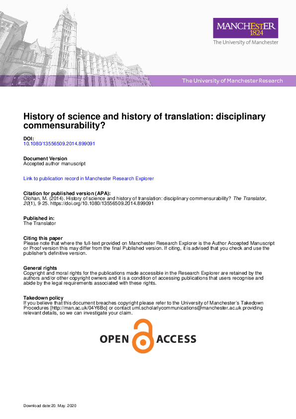 First page of “History of science and history of translation: disciplinary commensurability?”