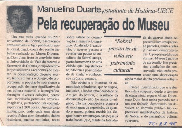 First page of “1995 - Pela recuperação do museu - artigo jornal Tribuna do Ceará”