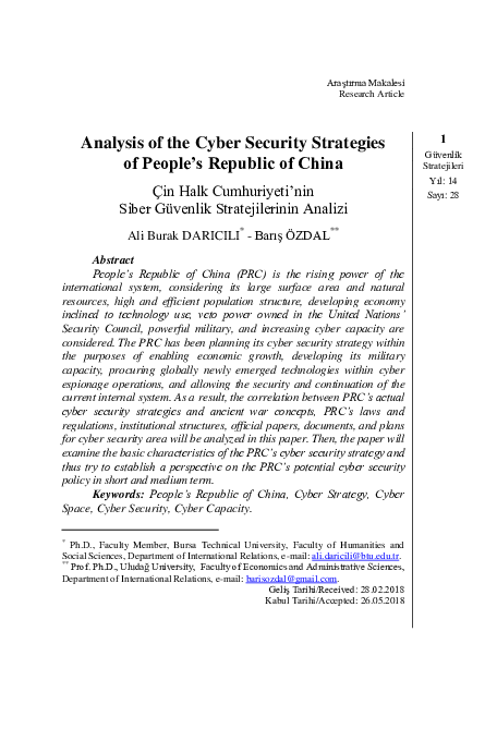 First page of “Çin Halk Cumhuriyeti’nin Siber Güvenlik Stratejilerinin Analizi”