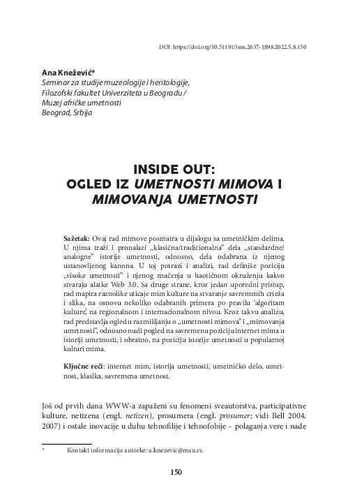 First page of “Inside out: ogled iz umetnosti mimovanja i mimovanja umetnosti”