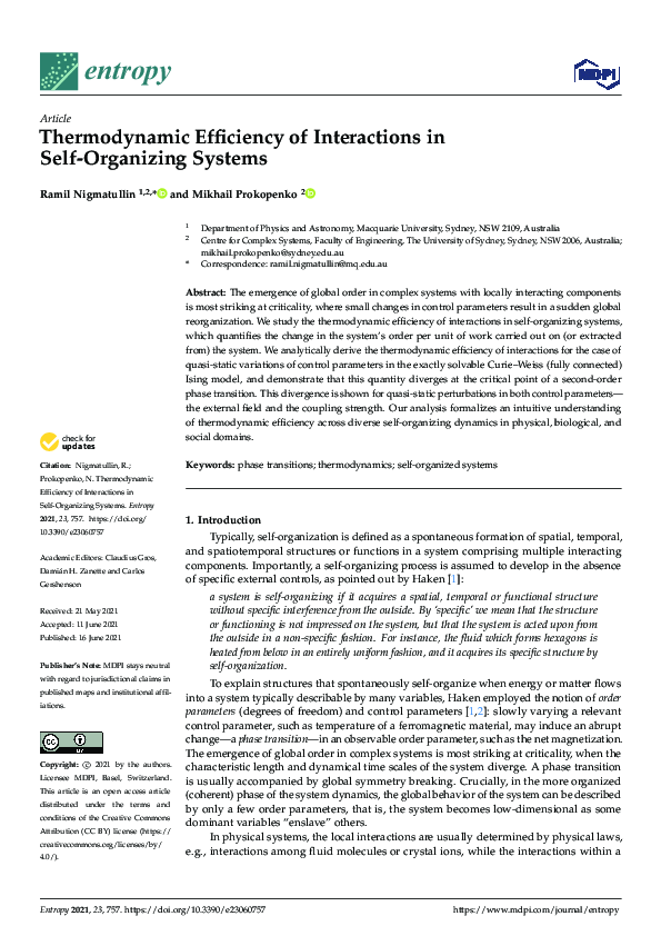 First page of “Thermodynamic Efficiency of Interactions in Self-Organizing Systems”