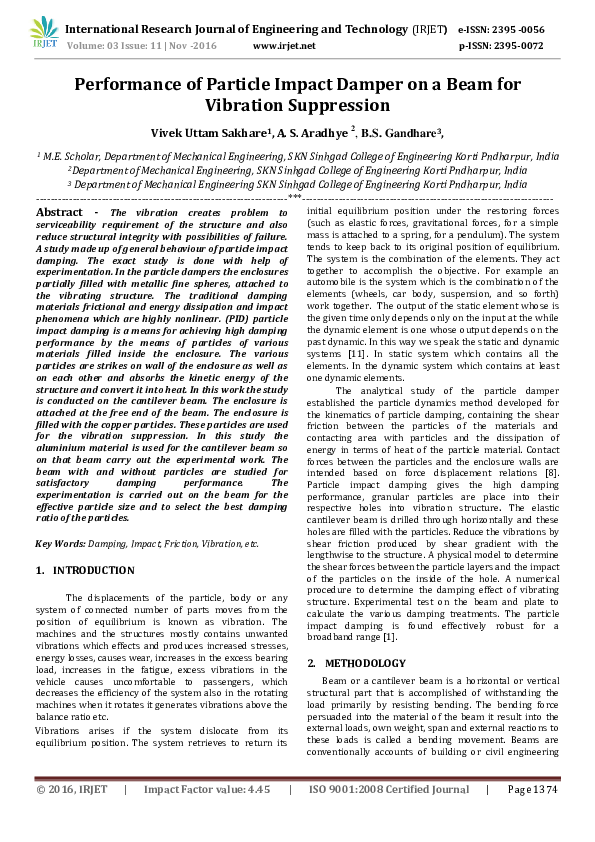 First page of “Performance of Particle Impact Damper on a Beam for Vibration Suppression”