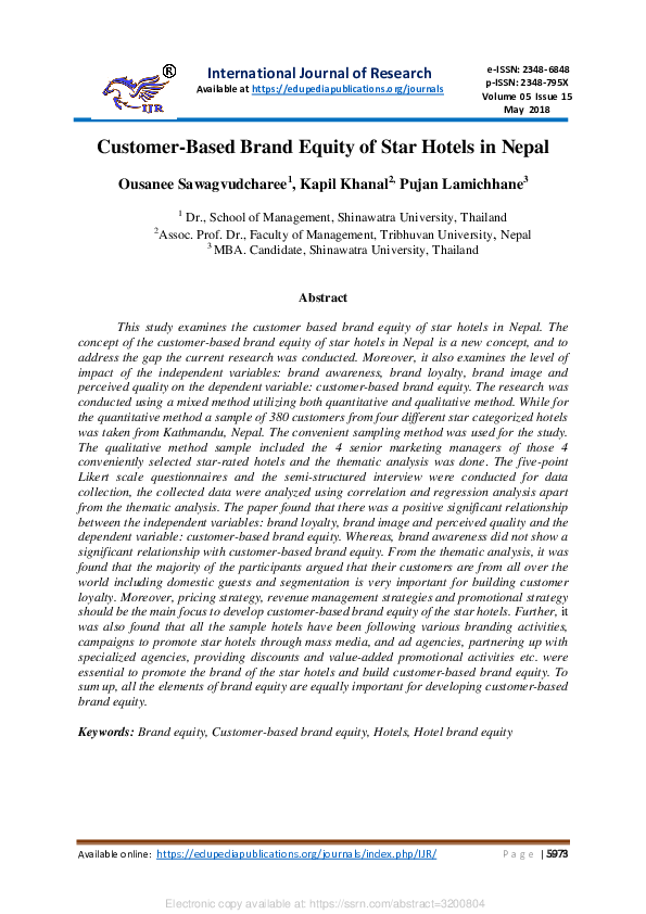 First page of “Customer-Based Brand Equity of Star Hotels in Nepal”