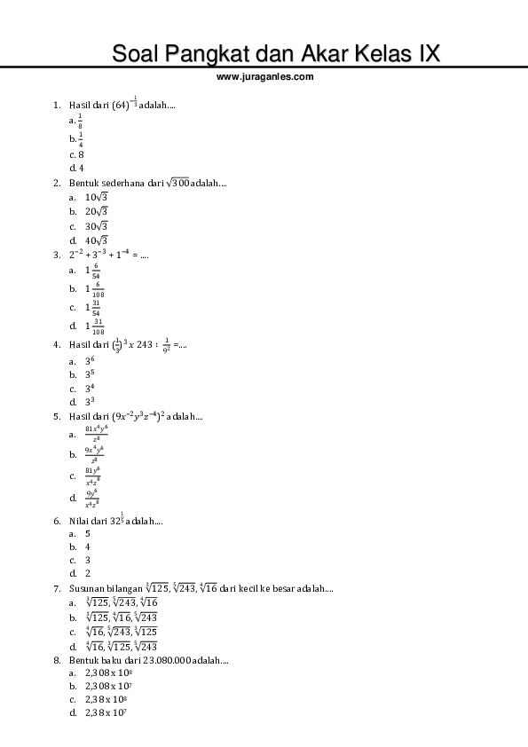 First page of “Soal Pangkat dan Akar Kelas”