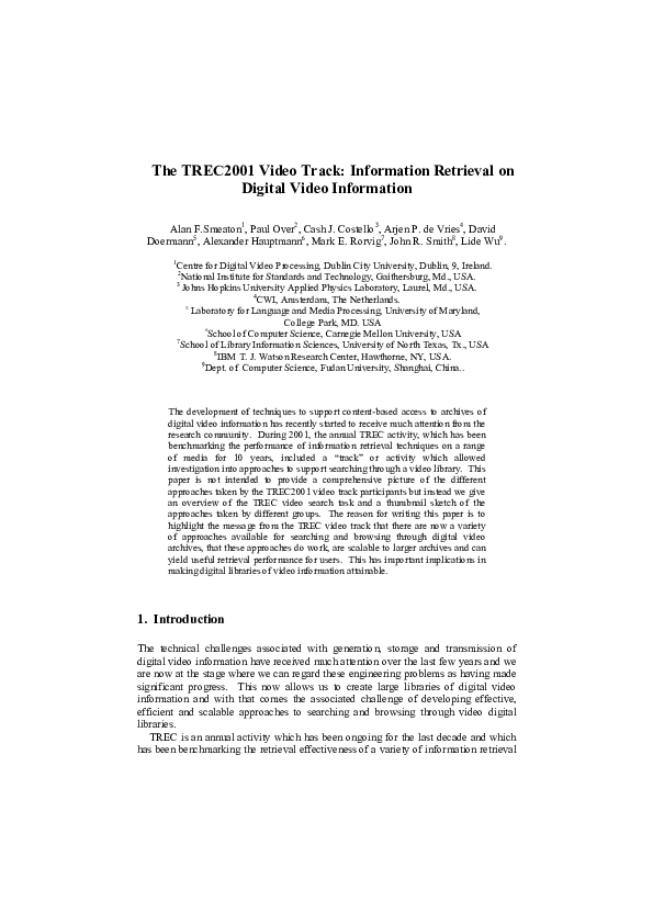 First page of “The TREC2001 Video Track: Information Retrieval on Digital Video Information”