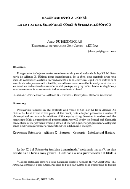 First page of “Razonamiento alfonsí: la ley Xi del setenaRio como sistema filosófico”