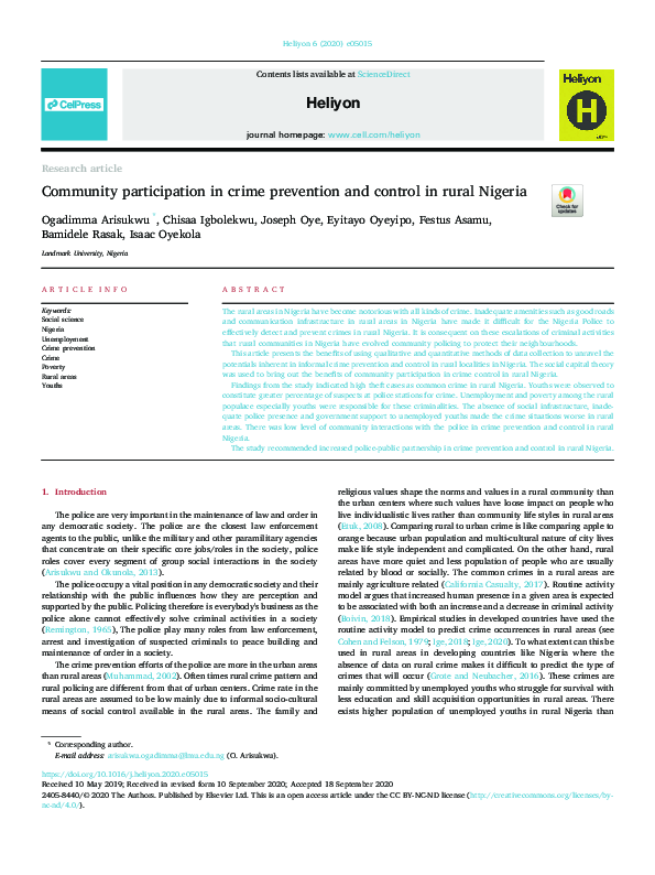 First page of “Community participation in crime prevention and control in rural Nigeria”