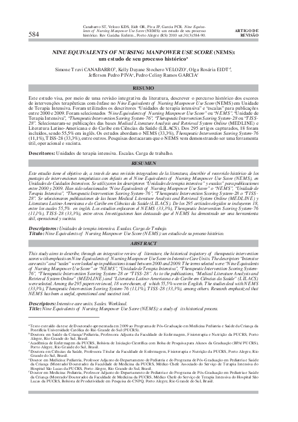 First page of “Nine equivalents of nursing manpower use score (NEMS)”