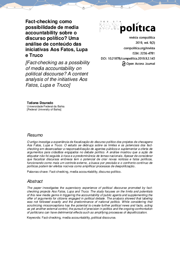 First page of “Fact-checking como possibilidade de media accountability sobre o discurso político?”