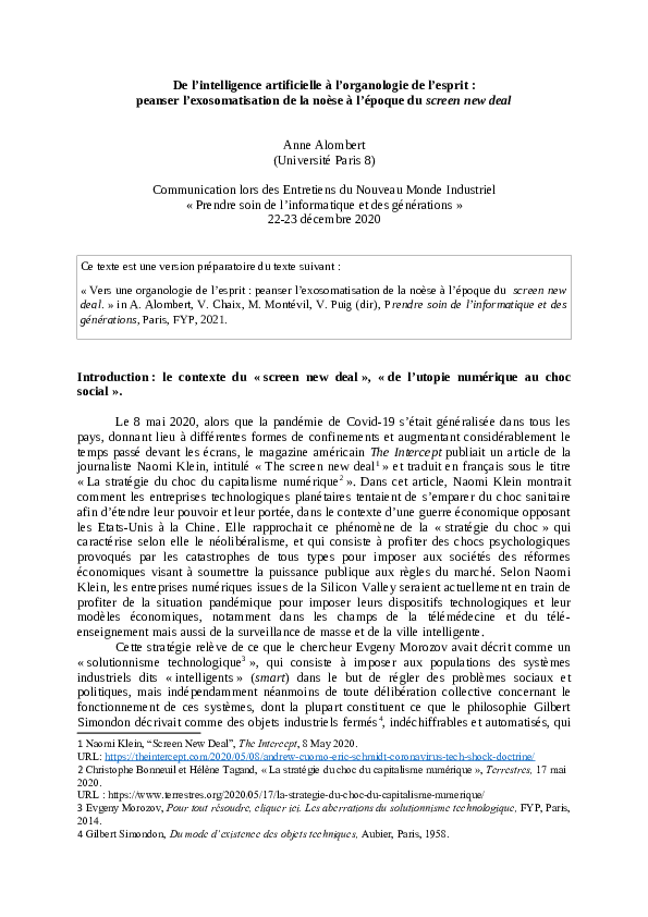 First page of “De l'intelligence artificielle à l'organologie de l'esprit”