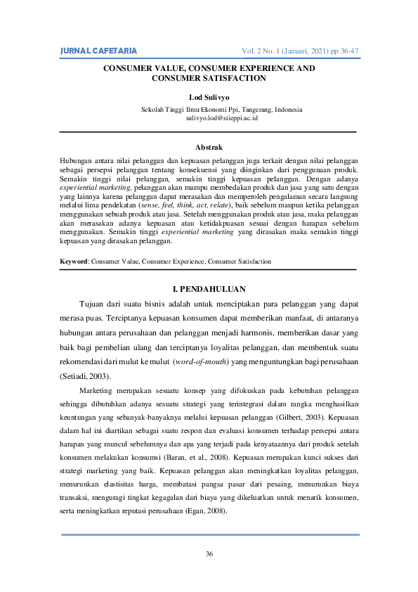 First page of “Consumer Value, Consumer Experience and Consumer Satisfaction”