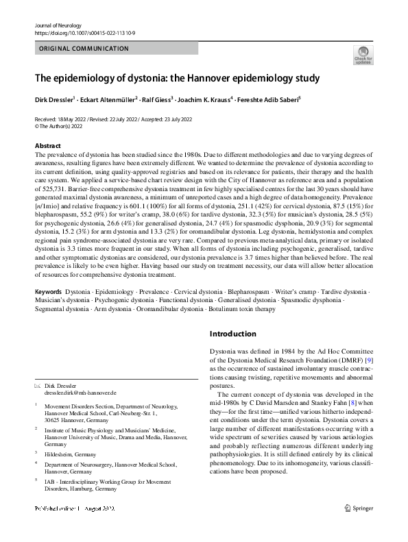 First page of “The epidemiology of dystonia: the Hannover epidemiology study”