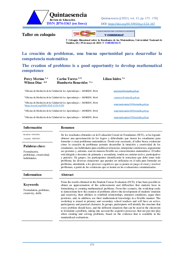 First page of “Creación De Problemas, Una Buena Oportunidad Para Desarrollar La Competencia Matemática”