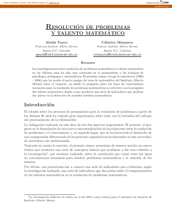 First page of “Resolución de problemas y talento matemático”