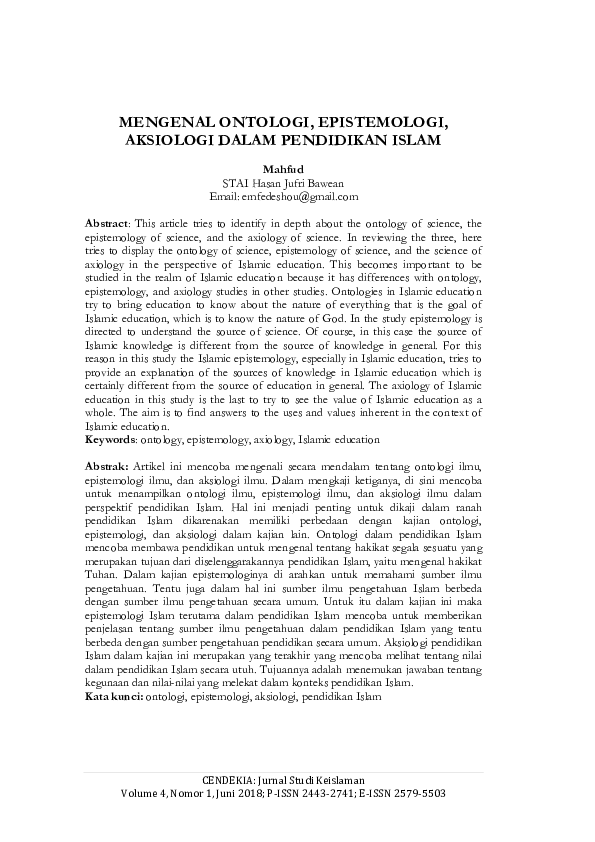 First page of “Mengenal Ontologi, Epistemologi, Aksiologi Dalam Pendidikan Islam”