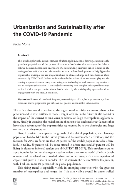 First page of “Urbanization and Sustainability after the COVID-19 Pandemic”