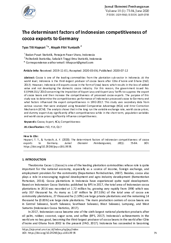 First page of “The determinant factors of Indonesian competitiveness of cocoa exports to Germany”