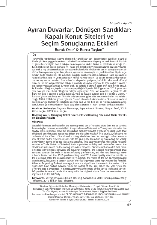 First page of “Ayıran Duvarlar, Dönüşen Sandıklar: Kapalı Konut Siteler ve Seçim Sonuçlarına Etkileri”