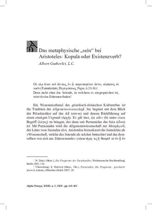 First page of “Das metaphysische „sein“ bei Aristoteles: Kopula oder Existenzverb?”