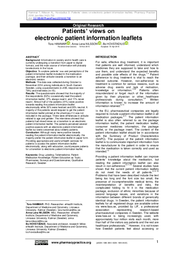 First page of “Patients’ views on electronic patient information leaflets”