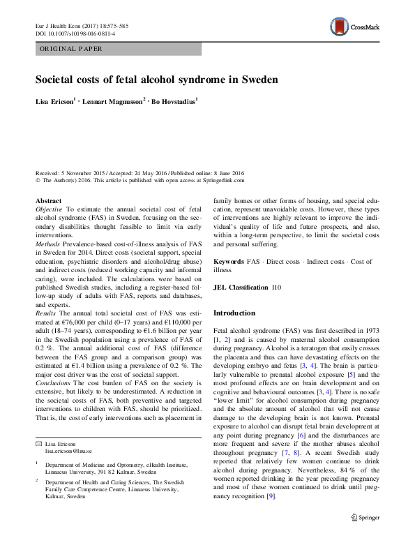 First page of “Societal costs of fetal alcohol syndrome in Sweden”