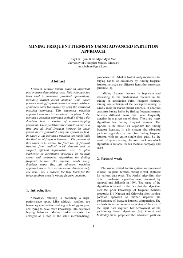 First page of “Mining frequent itemsets using advanced partition approach”