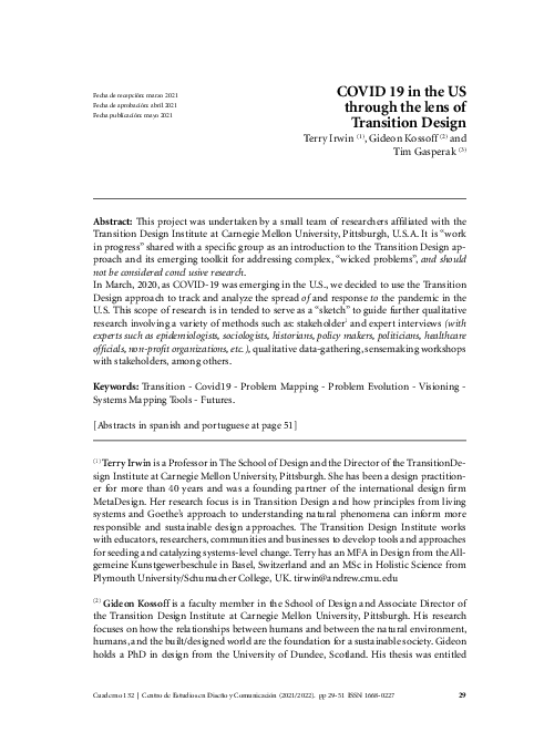 First page of “COVID 19 in the US through the lens of Transition Design”