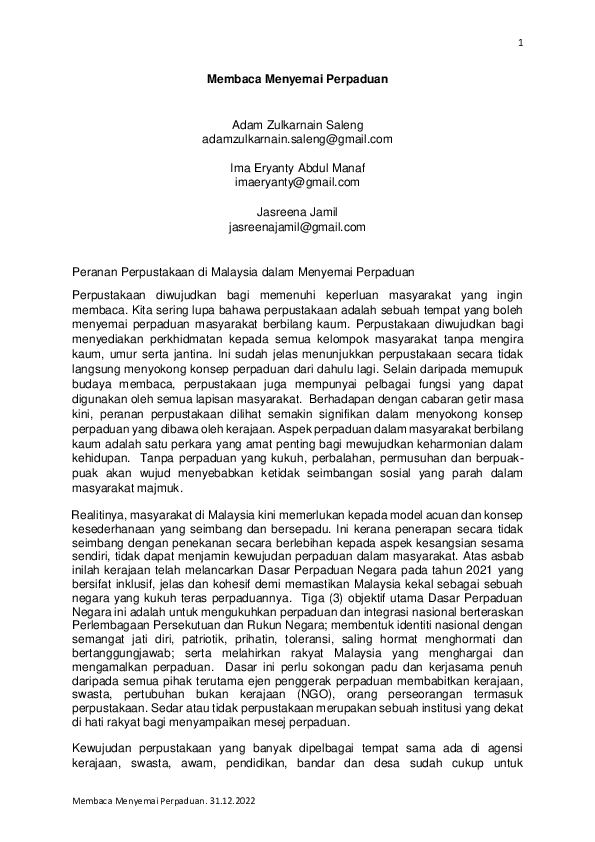 First page of “Membaca Menyemai Perpaduan”