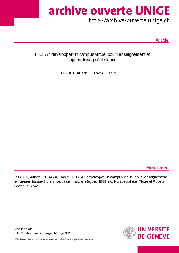 First page of “TECFA : développer un campus virtuel pour l'enseignement et l'apprentissage à distance”