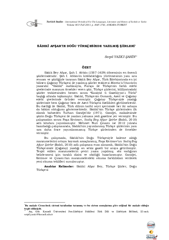 First page of “Sâdıkî Afşar’ın Doğu Türkçesinde Yazılmış Şiirleri”