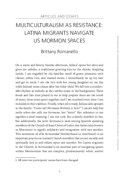 First page of “Multiculturalism as Resistance: Latina Migrants Navigate US Mormon Spaces”