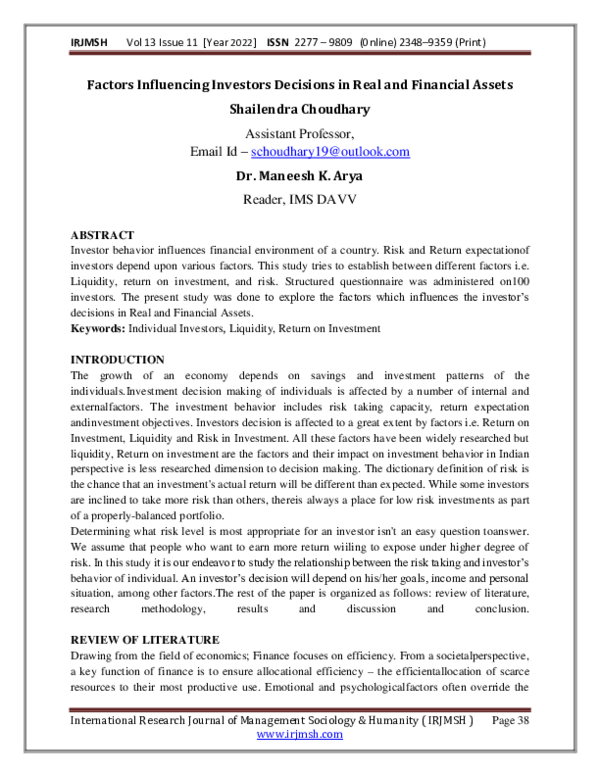 First page of “Factors Influencing Investors Decisions in Real and Financial Assets”