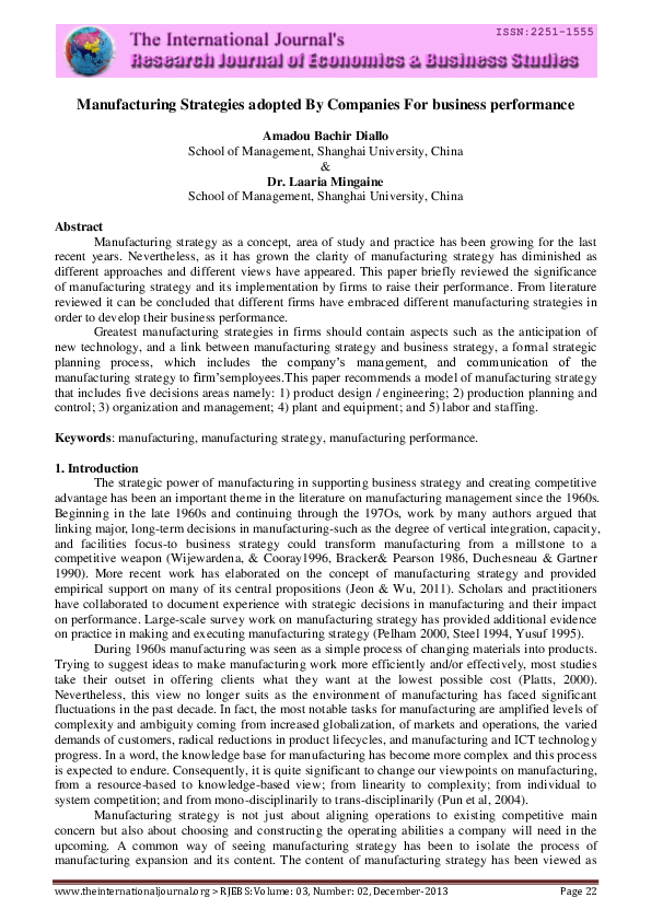 First page of “Manufacturing Strategies Adopted by Companies for Business Performance”